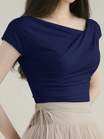 DAZY T-shirt d'été asymétrique à col unicolore et slim pour femme avec manches courtes