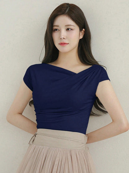 DAZY T-shirt d'été asymétrique à col unicolore et slim pour femme avec manches courtes