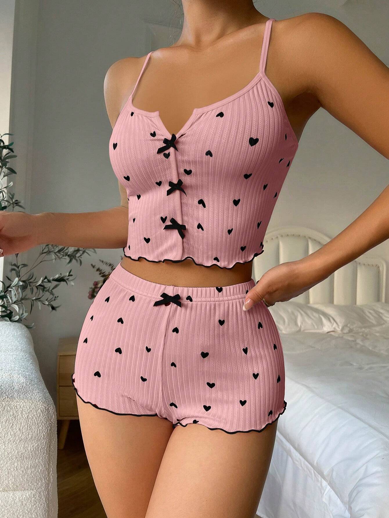 SHEIN Women's Heart Print Cami Pajama Set – Simple Everyday Sleepwear