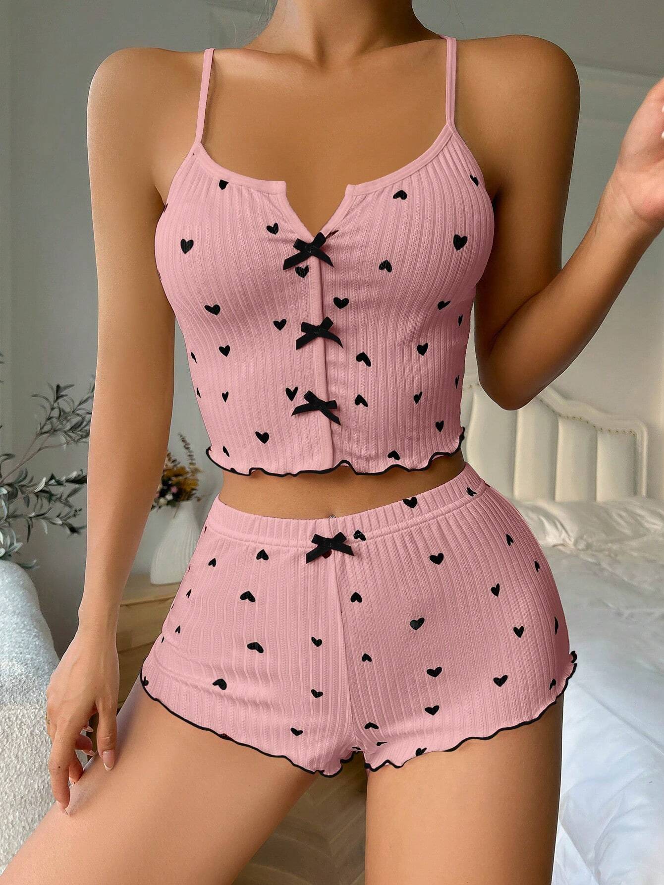 SHEIN Women's Heart Print Cami Pajama Set – Simple Everyday Sleepwear
