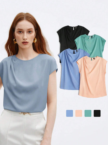 BizChic Nouvelle blouse à col rond plissé à l'épaule, bleue