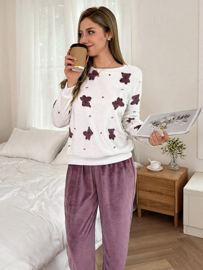 Softscene Ensemble pyjama en flanelle à manches longues et pantalon avec ours en peluche