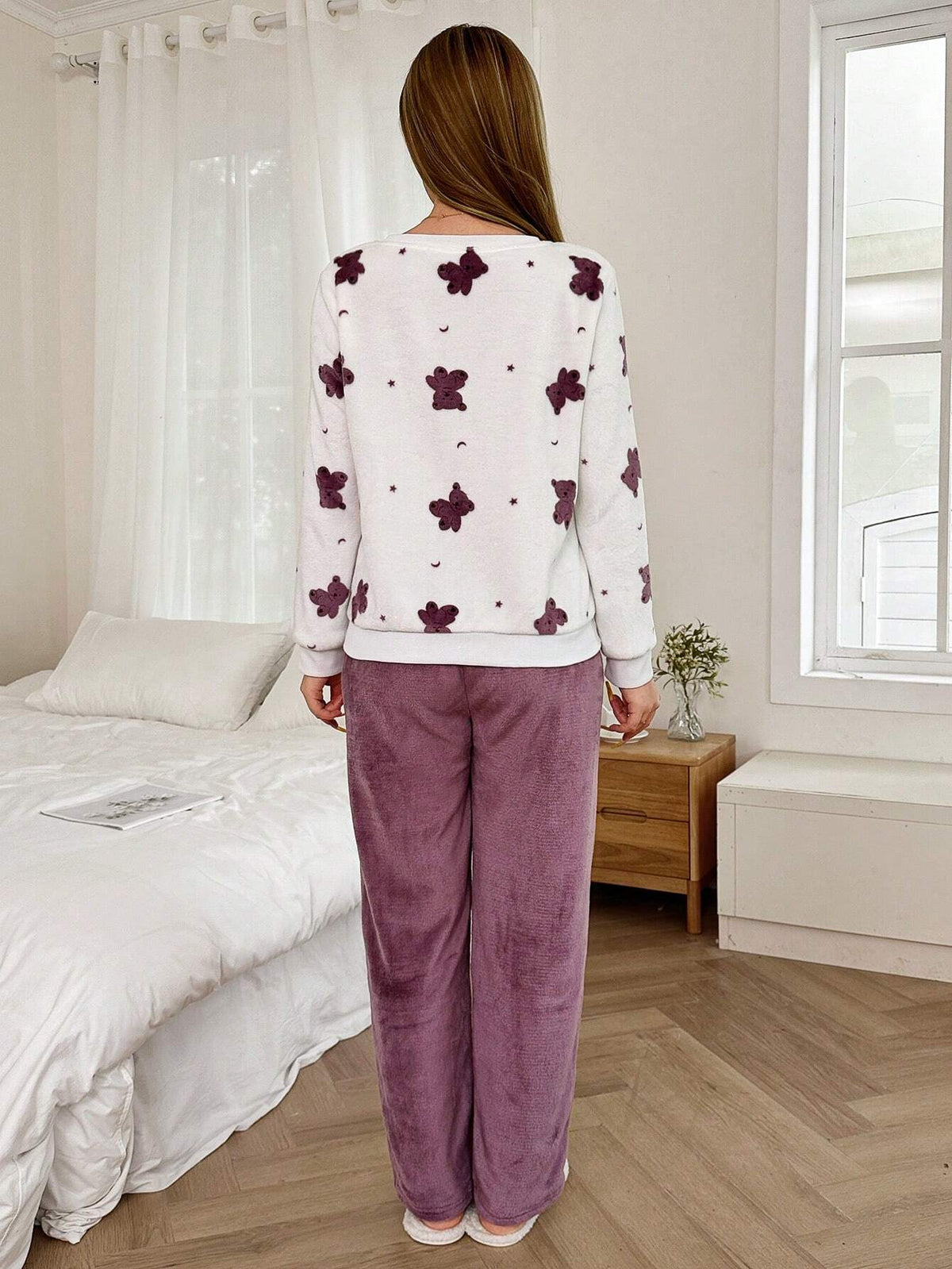 Softscene Ensemble pyjama en flanelle à manches longues et pantalon avec ours en peluche