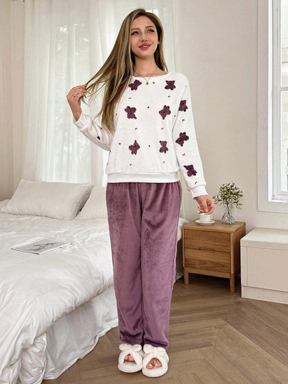 Softscene Ensemble pyjama en flanelle à manches longues et pantalon avec ours en peluche