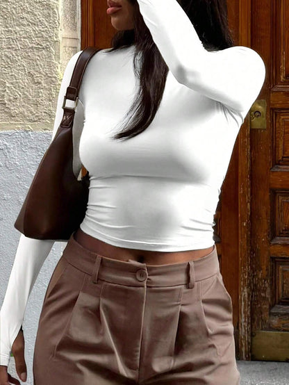INAWLY T-shirt casual à manches longues col rond de couleur unie pour femmes, printemps été