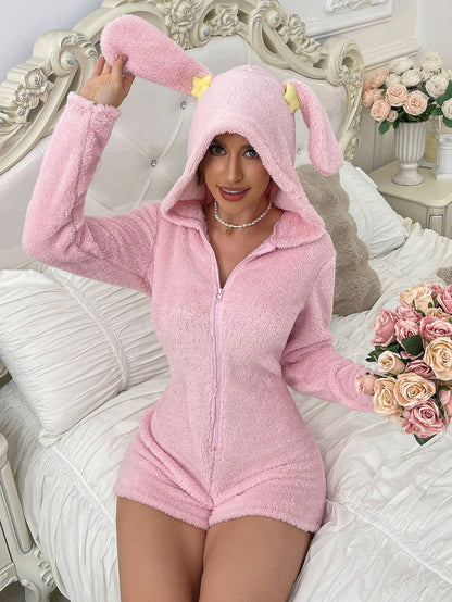 1 pièce Combinaison en peluche à capuche avec design d'oreilles d'animal et d'étoiles pour femmes