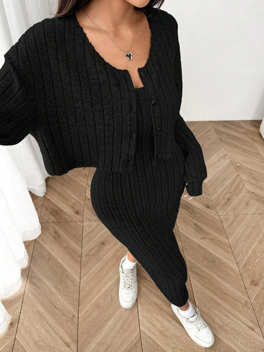 SHEIN EZwear Ensemble robe mi-longue près du corps et veste à boutons avec épaules dénudées en tricot côtelé, nouveauté pour l'automne pour femmes