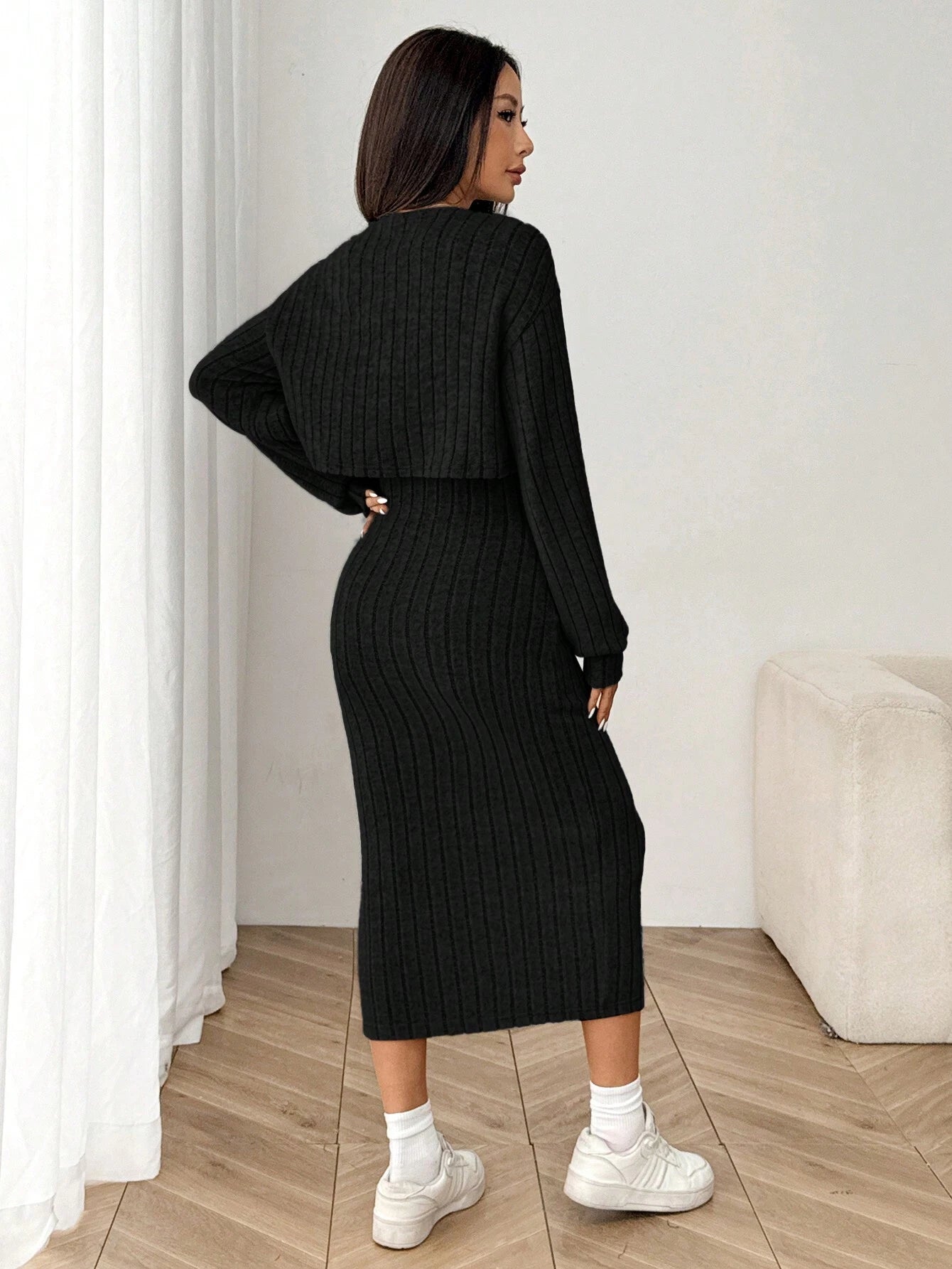 SHEIN EZwear Ensemble robe mi-longue près du corps et veste à boutons avec épaules dénudées en tricot côtelé, nouveauté pour l'automne pour femmes