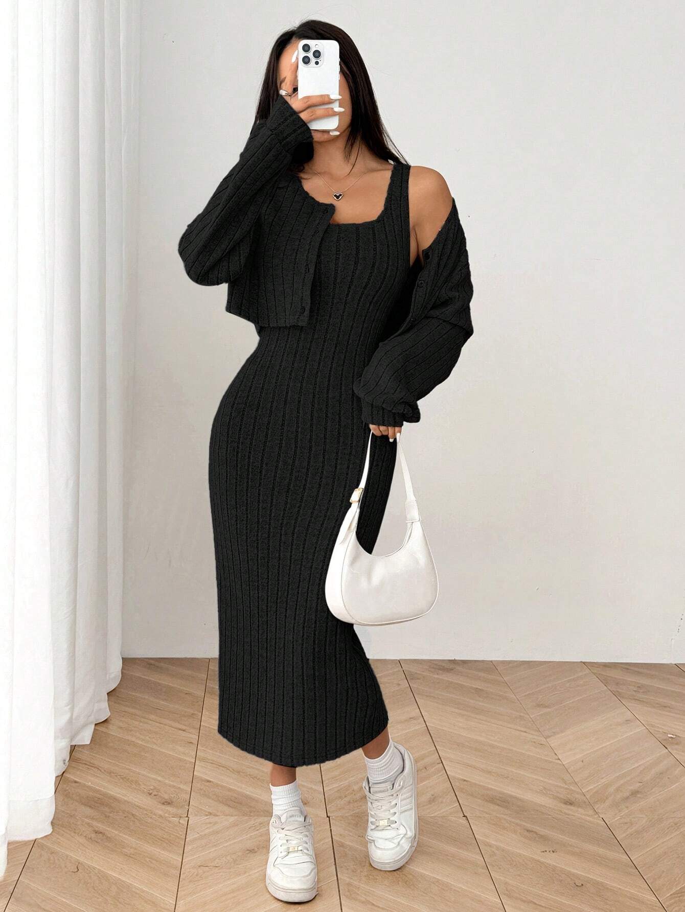SHEIN EZwear Ensemble robe mi-longue près du corps et veste à boutons avec épaules dénudées en tricot côtelé, nouveauté pour l'automne pour femmes