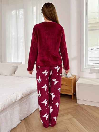 SHEIN Ensemble de pyjama à manches longues en flanelle avec imprimé papillon