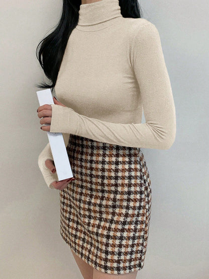 DAZY Femmes Couleur Unie Décontractée Col Montant Ajusté T-Shirt de Couche de Base