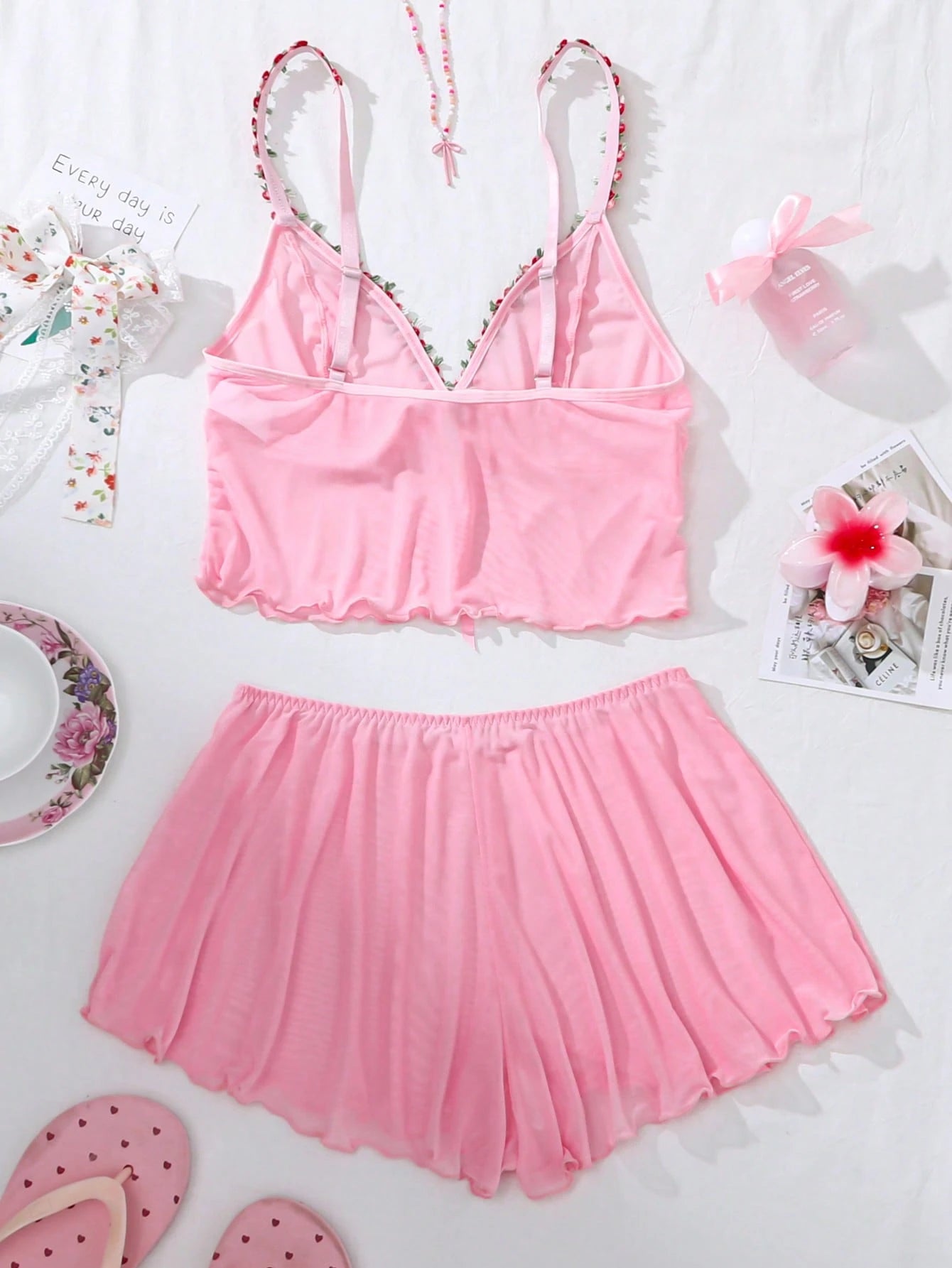 PetitDoll Women's 2-Piece Kawaii Floral Embroidered Sheer Mesh Lingerie Set