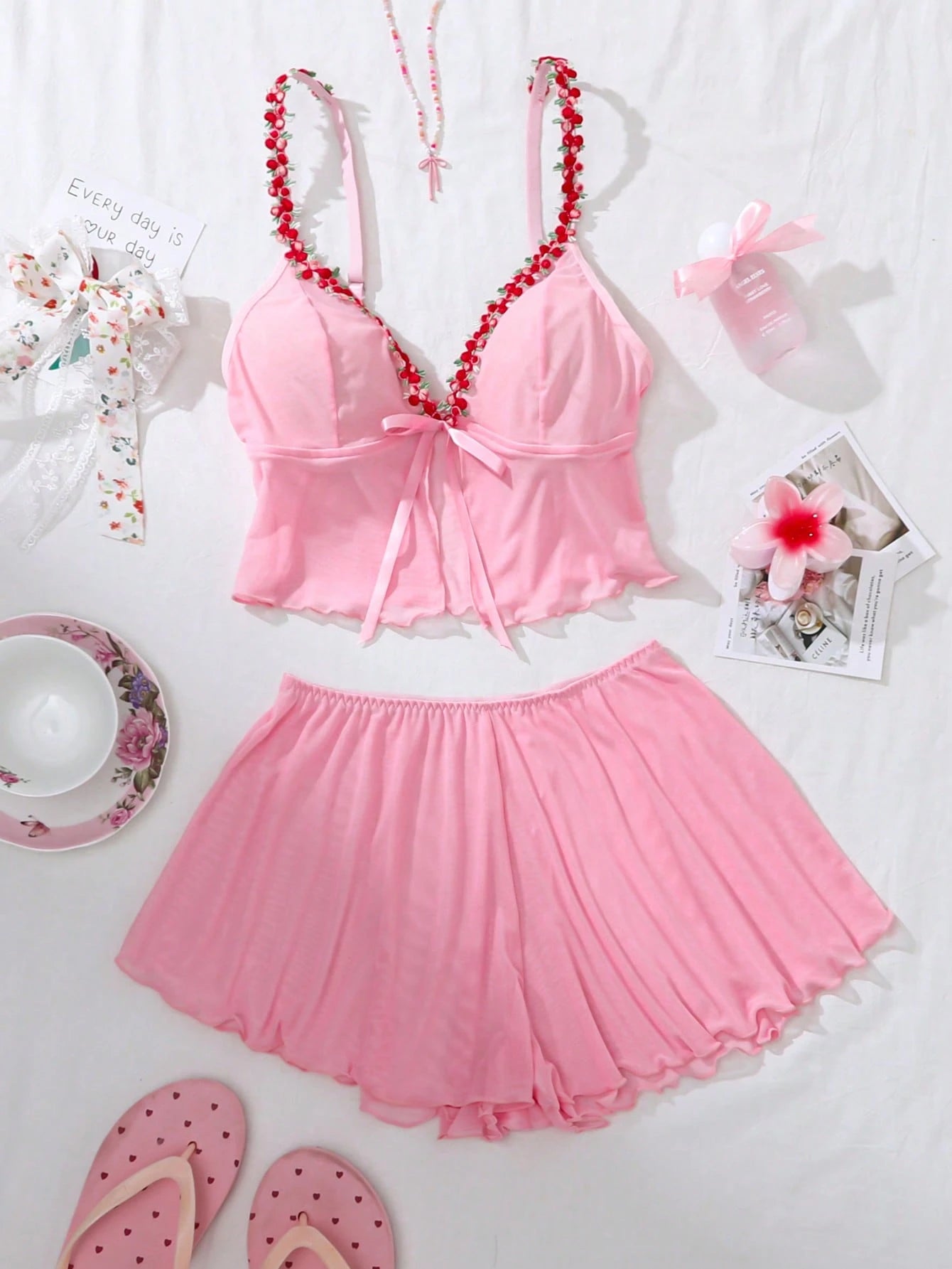 PetitDoll Women's 2-Piece Kawaii Floral Embroidered Sheer Mesh Lingerie Set