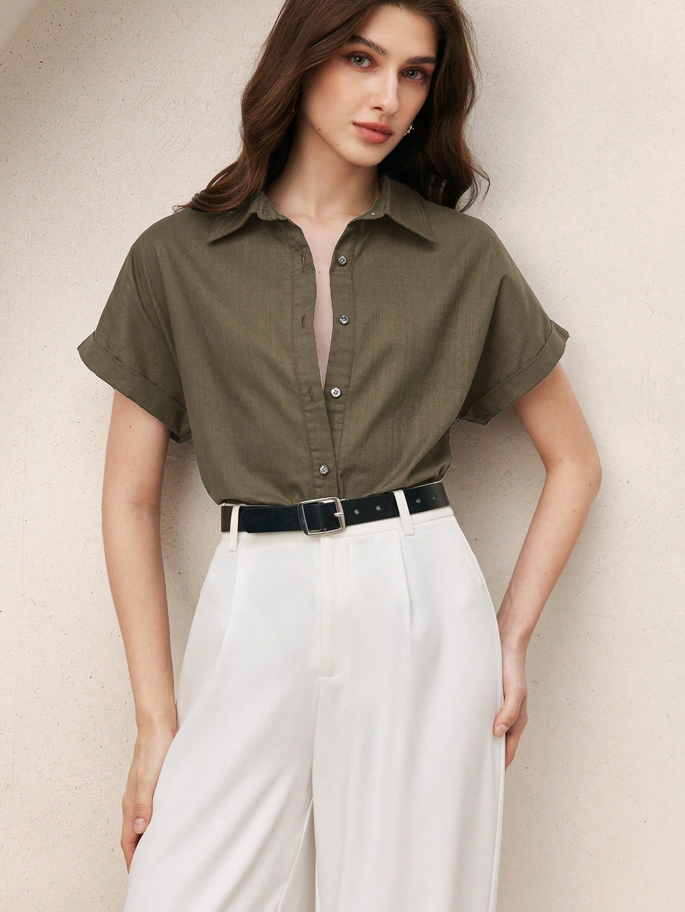 BizChic Chemise femme à col ouvert vert, manches courtes