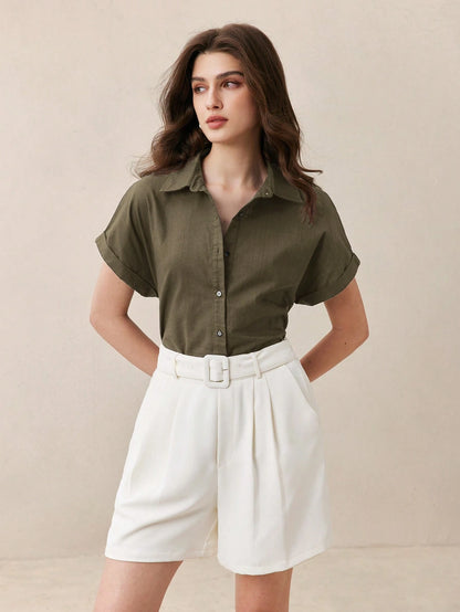 BizChic Chemise femme à col ouvert vert, manches courtes