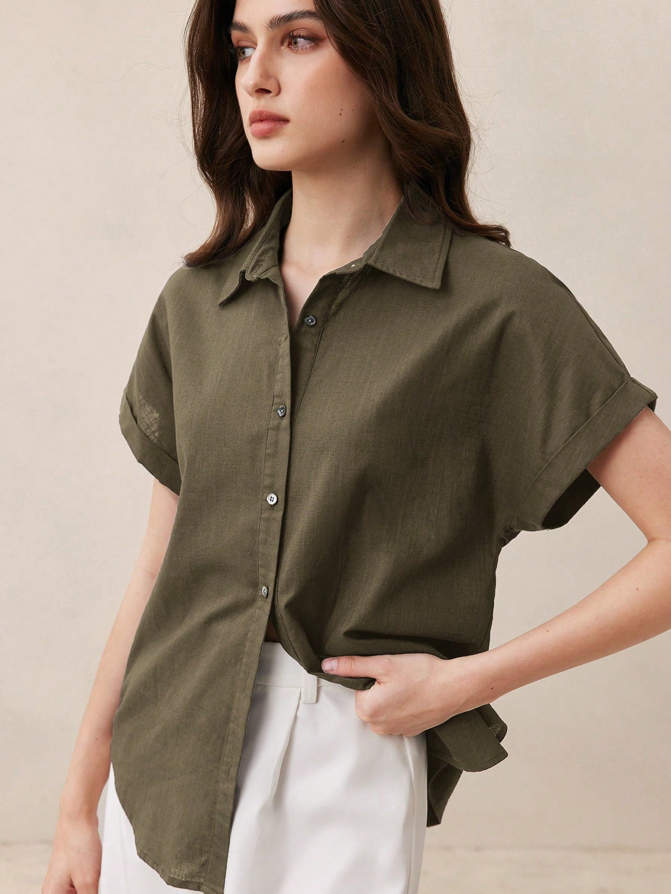 BizChic Chemise femme à col ouvert vert, manches courtes