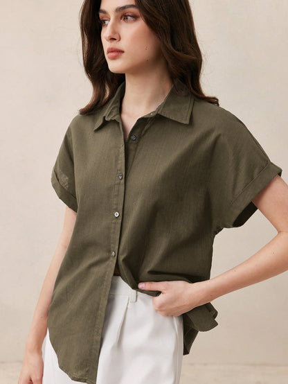 BizChic Chemise femme à col ouvert vert, manches courtes