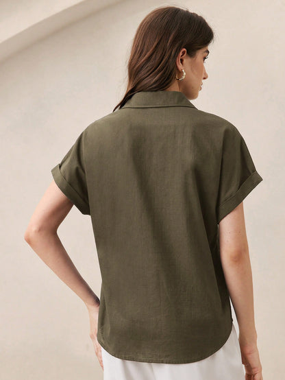 BizChic Chemise femme à col ouvert vert, manches courtes