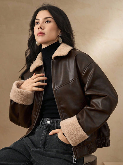 DAZY Manteau matelassé en PU à col contrasté pour femmes, veste d'hiver