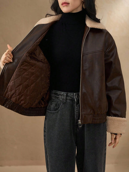 DAZY Manteau matelassé en PU à col contrasté pour femmes, veste d'hiver