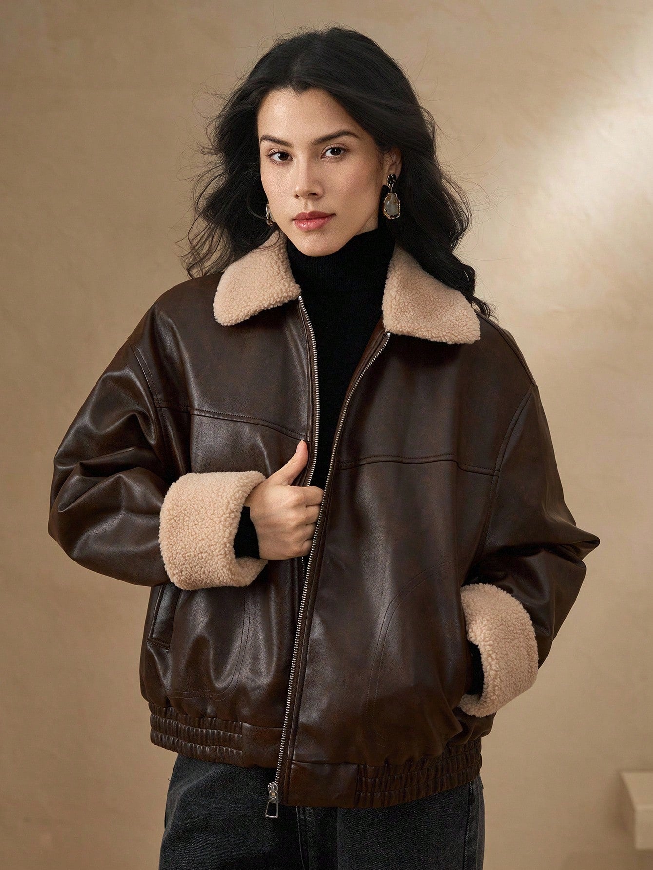 DAZY Manteau matelassé en PU à col contrasté pour femmes, veste d'hiver