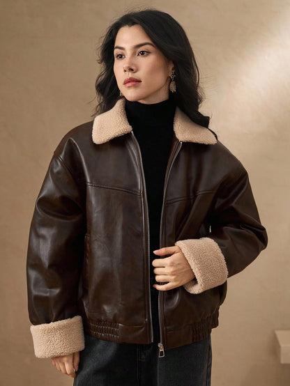 DAZY Manteau matelassé en PU à col contrasté pour femmes, veste d'hiver