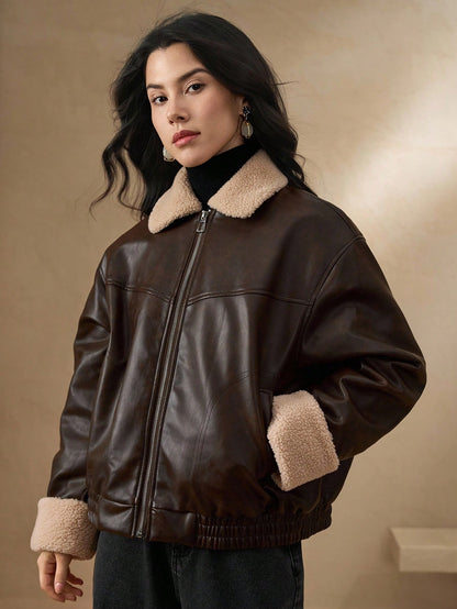 DAZY Manteau matelassé en PU à col contrasté pour femmes, veste d'hiver