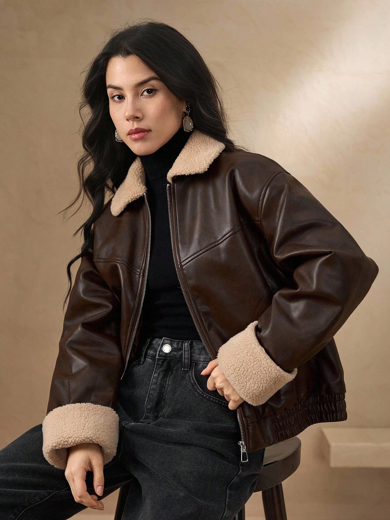 DAZY Manteau matelassé en PU à col contrasté pour femmes, veste d'hiver