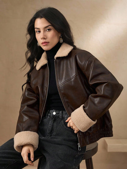 DAZY Manteau matelassé en PU à col contrasté pour femmes, veste d'hiver