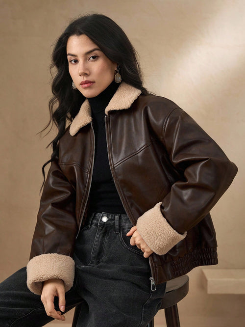 DAZY Manteau matelassé en PU à col contrasté pour femmes, veste d'hiver