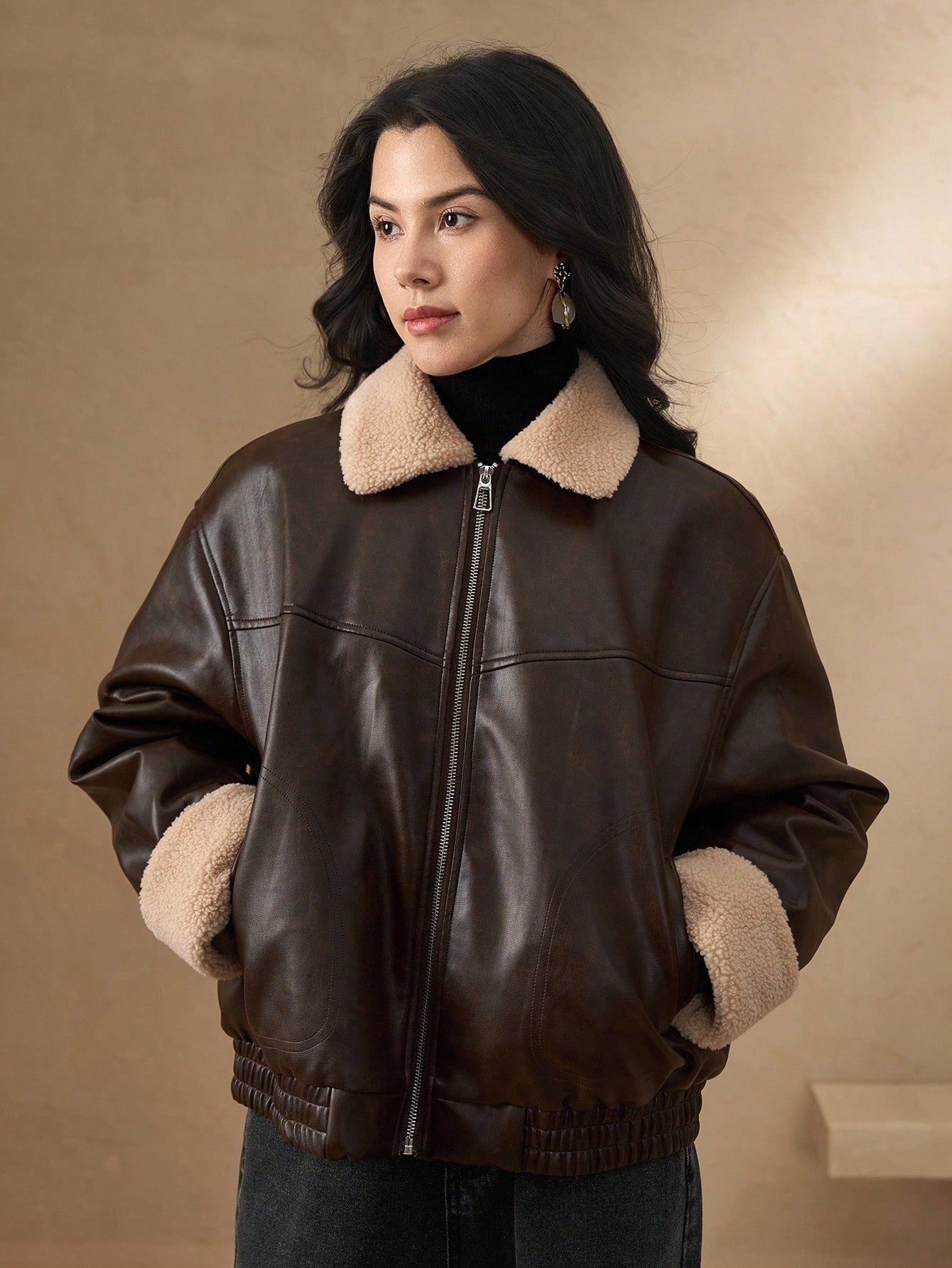 DAZY Manteau matelassé en PU à col contrasté pour femmes, veste d'hiver