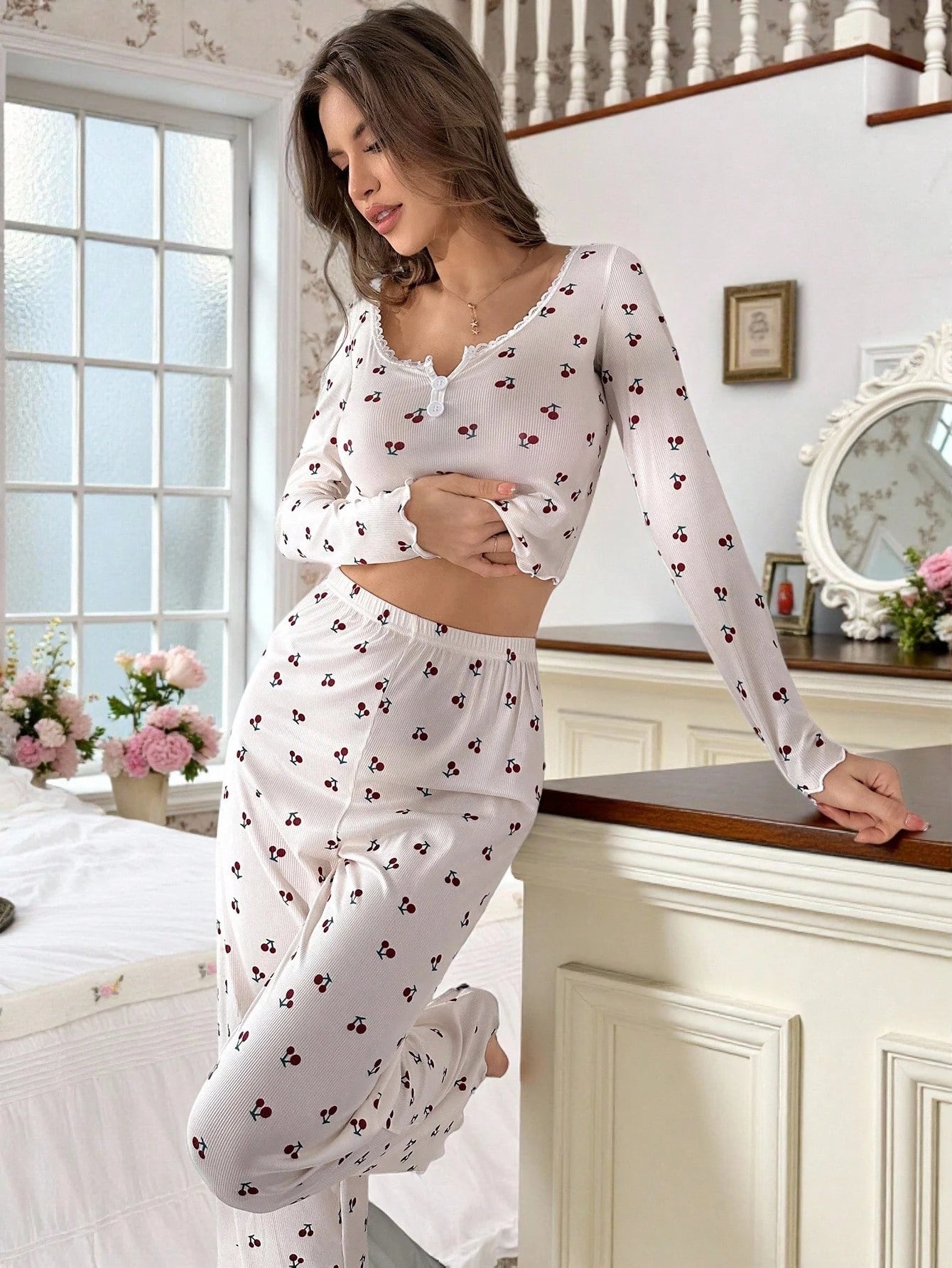 CottageSlumber Conjunto de pijama con top de manga larga