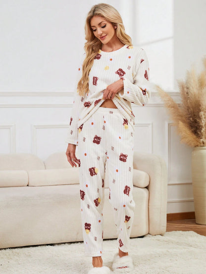 2 pièces Ensemble de pyjama femme d'hiver mignon avec ours en peluche