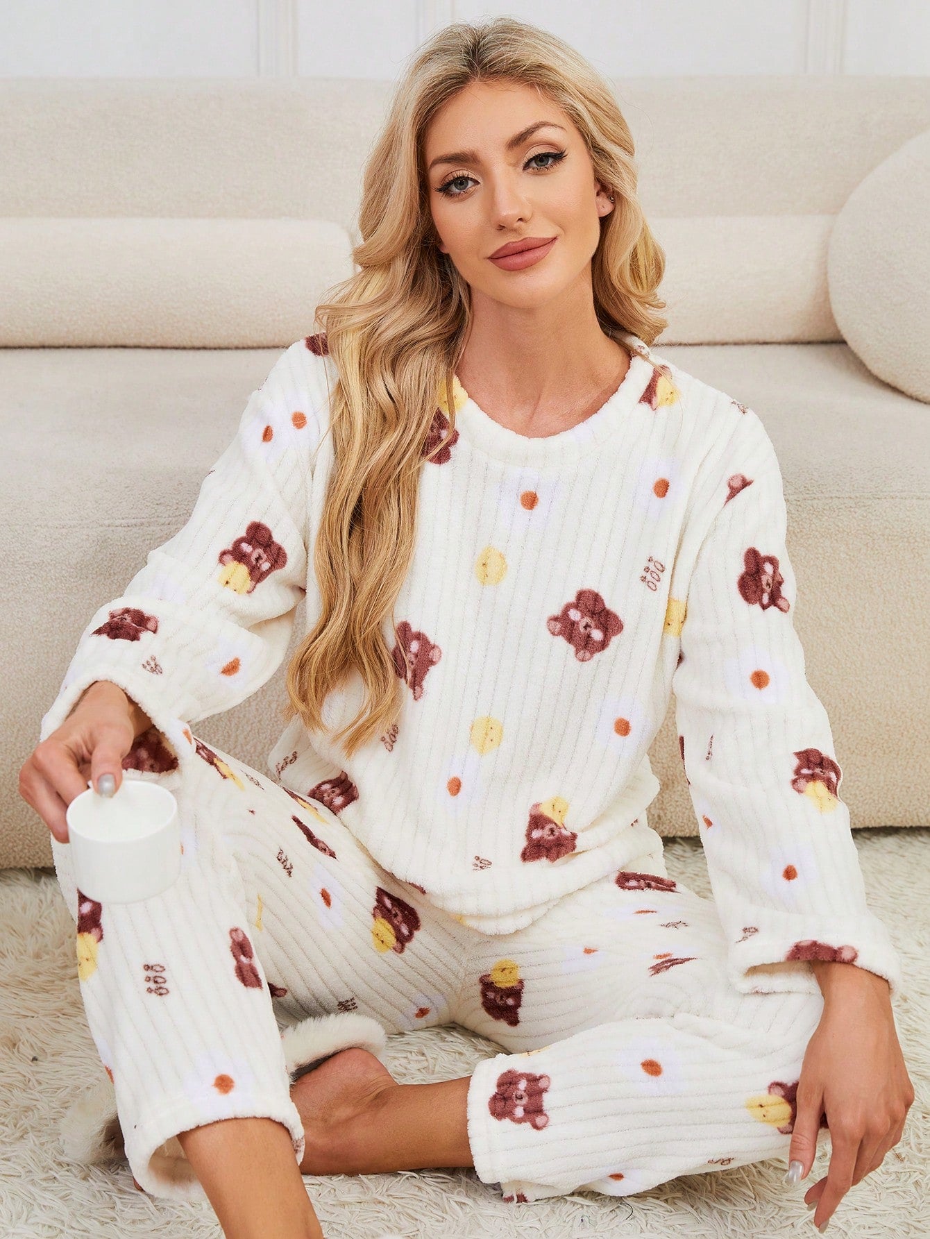 2 pièces Ensemble de pyjama femme d'hiver mignon avec ours en peluche