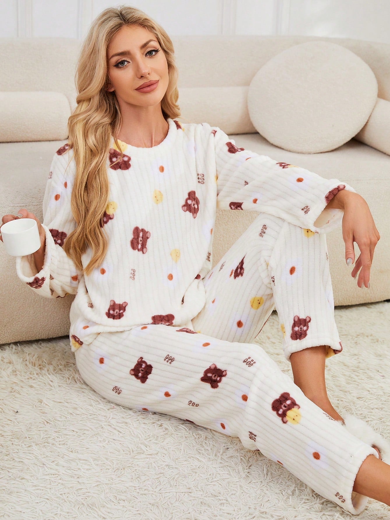 2 pièces Ensemble de pyjama femme d'hiver mignon avec ours en peluche