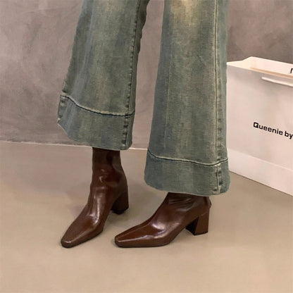 Bottines à talons hauts et bout carré marron pour femmes