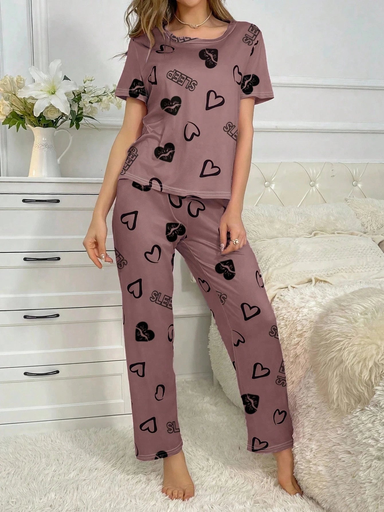Women's Cute and Comfortable 2-Piece Pajama Set featuring a short-sleeve