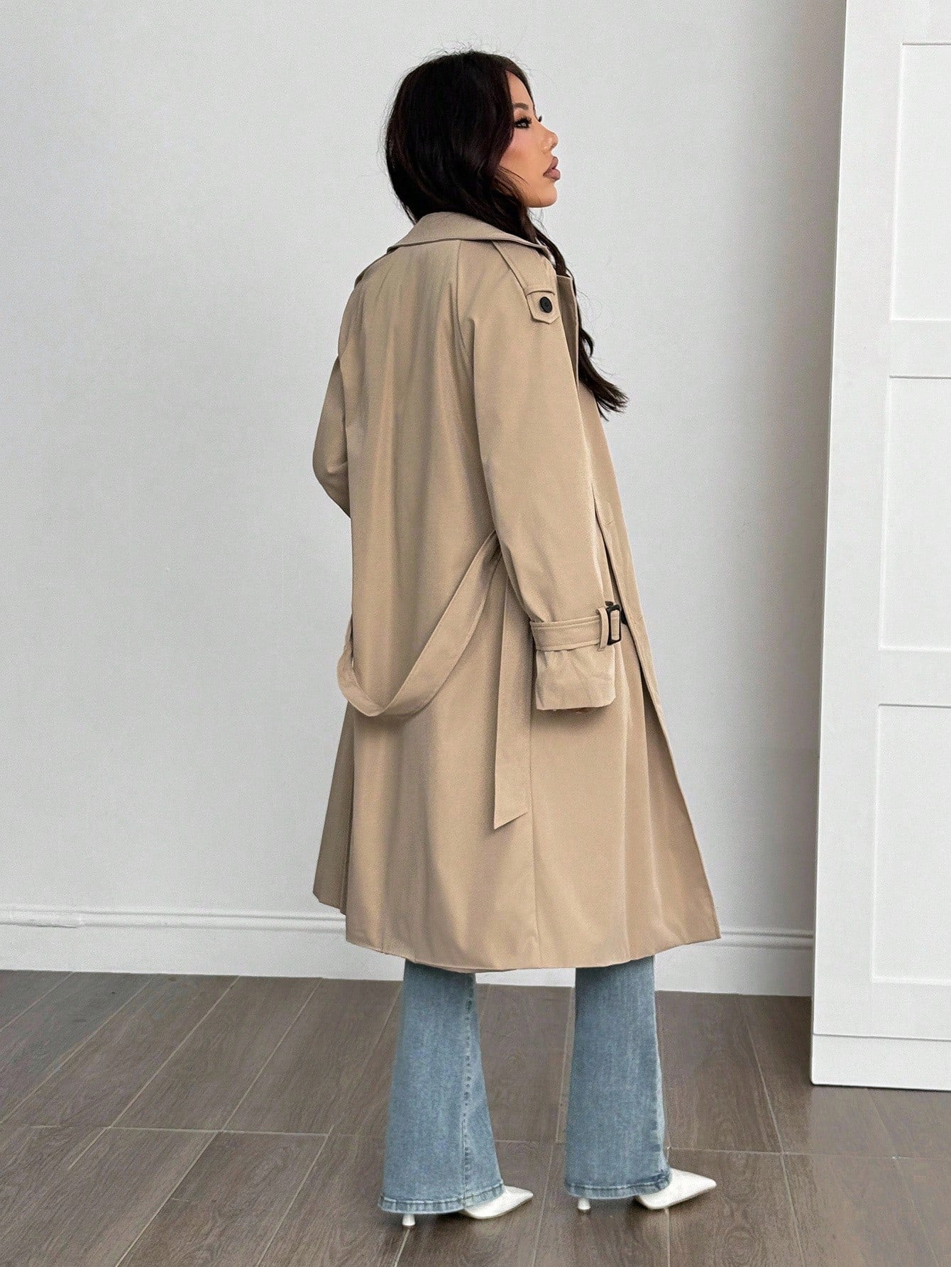 SHEIN PETITE Manteau trench style universitaire décontracté avec décorations effilochées pour femmes
