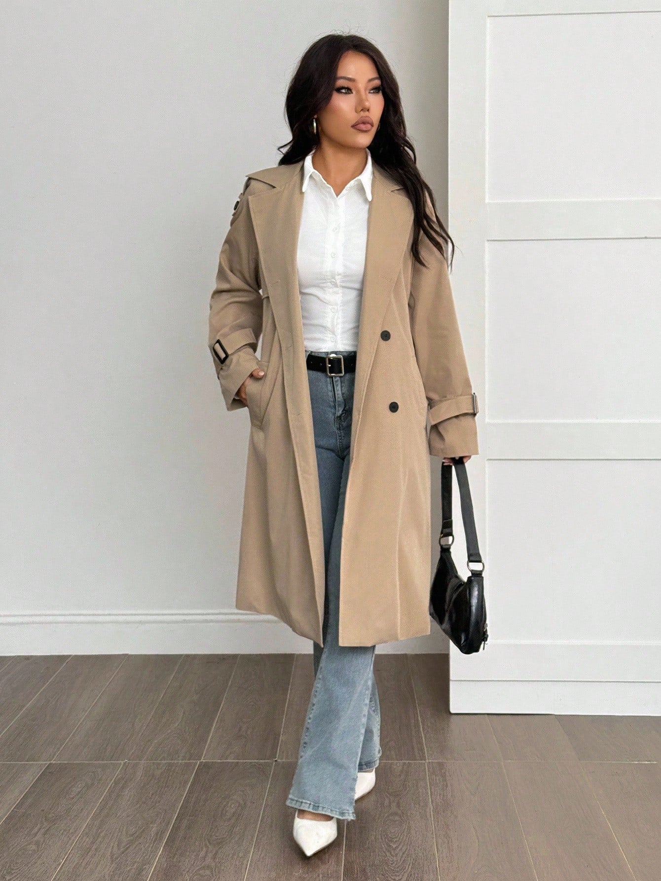 SHEIN PETITE Manteau trench style universitaire décontracté avec décorations effilochées pour femmes