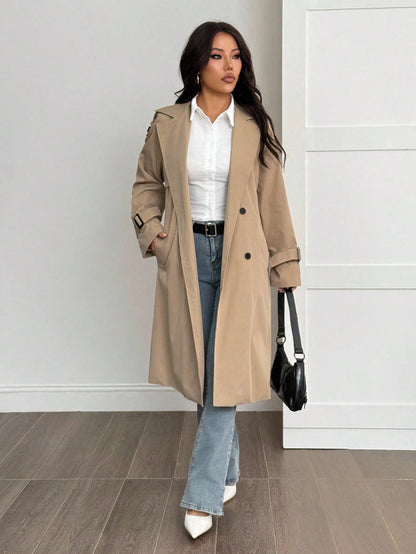 SHEIN PETITE Manteau trench style universitaire décontracté avec décorations effilochées pour femmes