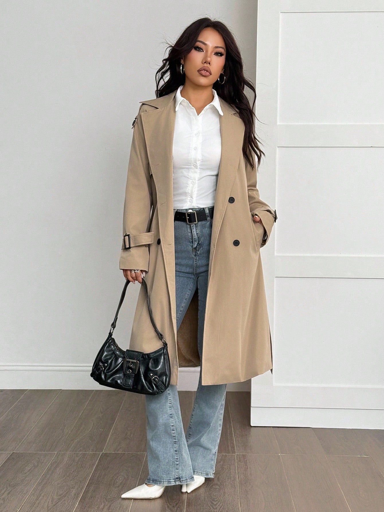 SHEIN PETITE Manteau trench style universitaire décontracté avec décorations effilochées pour femmes