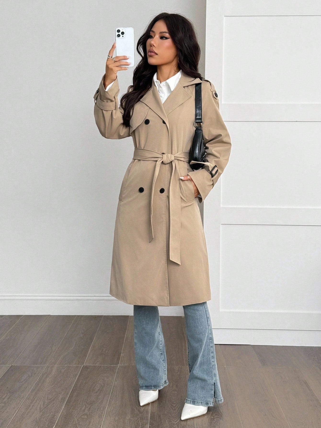 SHEIN PETITE Manteau trench style universitaire décontracté avec décorations effilochées pour femmes