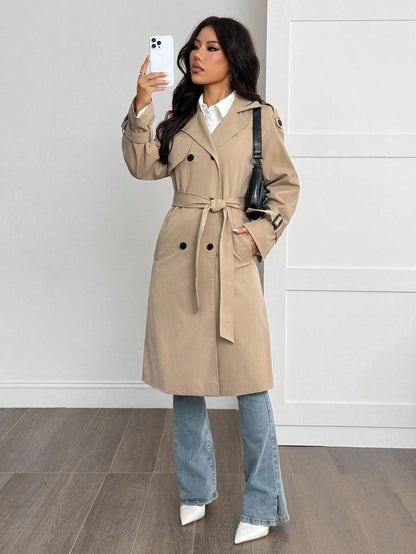 SHEIN PETITE Manteau trench style universitaire décontracté avec décorations effilochées pour femmes