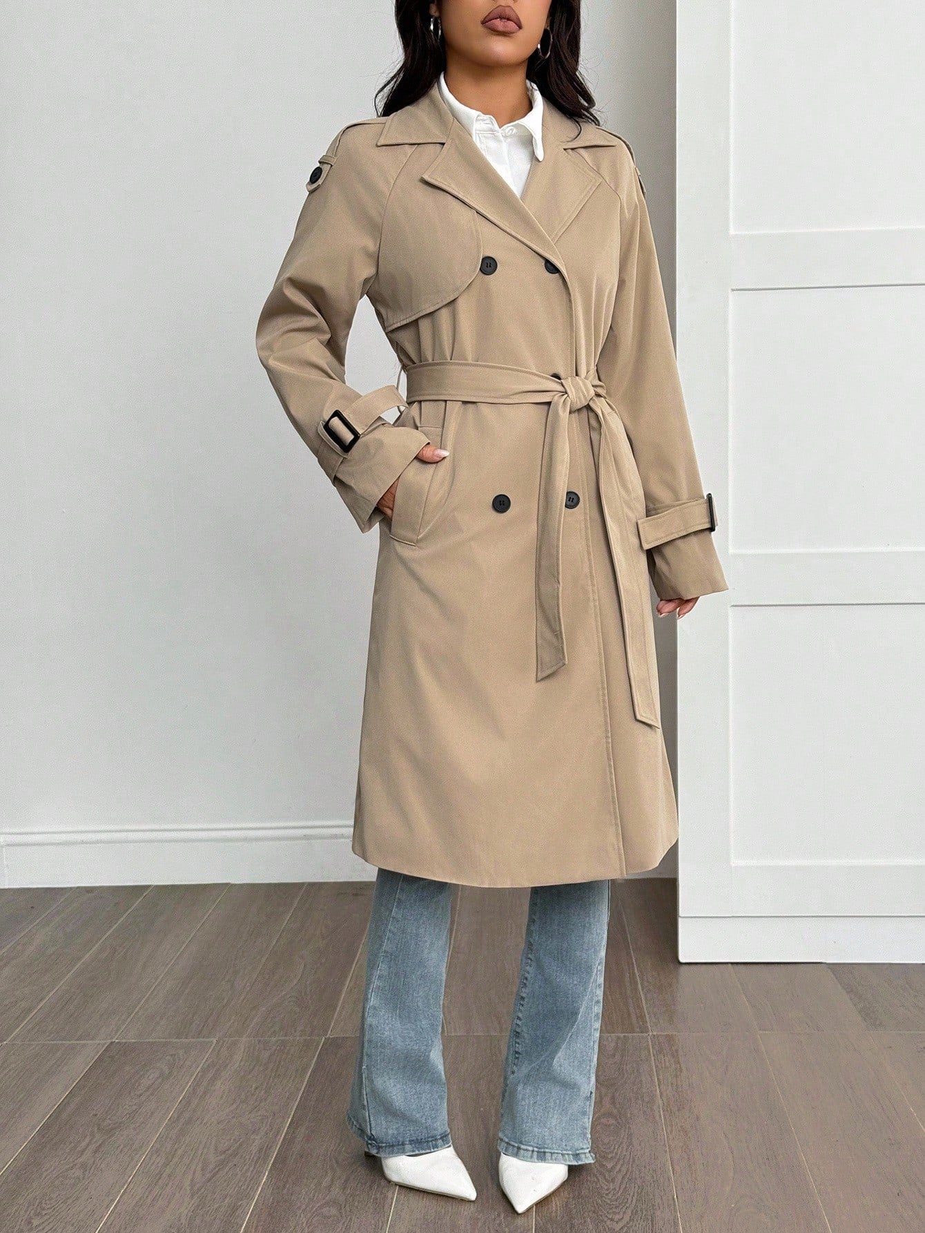 SHEIN PETITE Manteau trench style universitaire décontracté avec décorations effilochées pour femmes