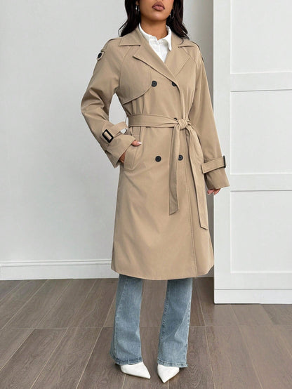 SHEIN PETITE Manteau trench style universitaire décontracté avec décorations effilochées pour femmes