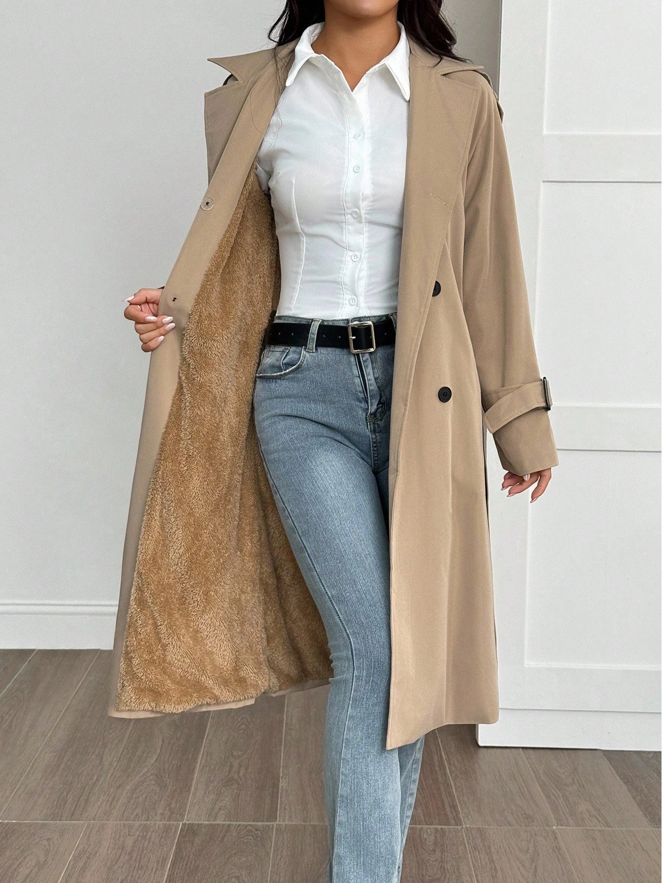 SHEIN PETITE Manteau trench style universitaire décontracté avec décorations effilochées pour femmes