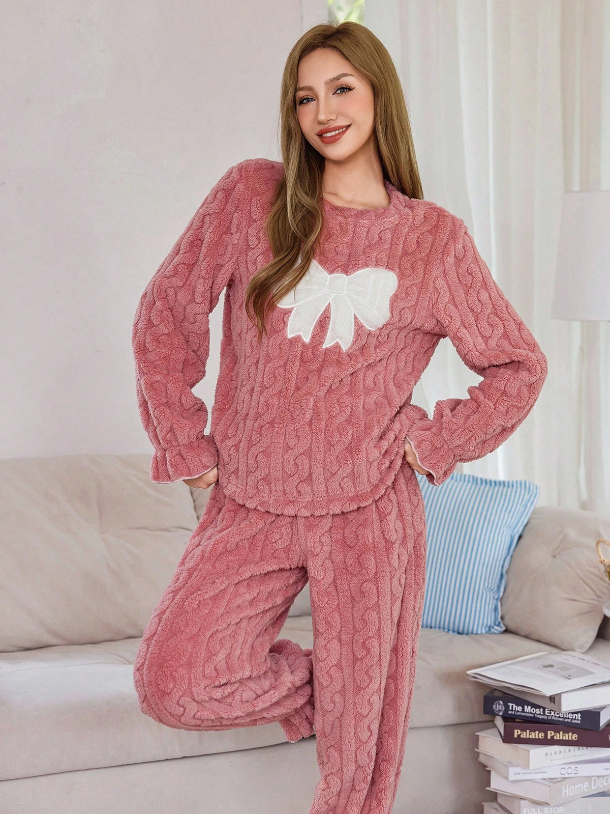 Softscene Ensemble de pyjama femme en polaire jacquard avec patchwork