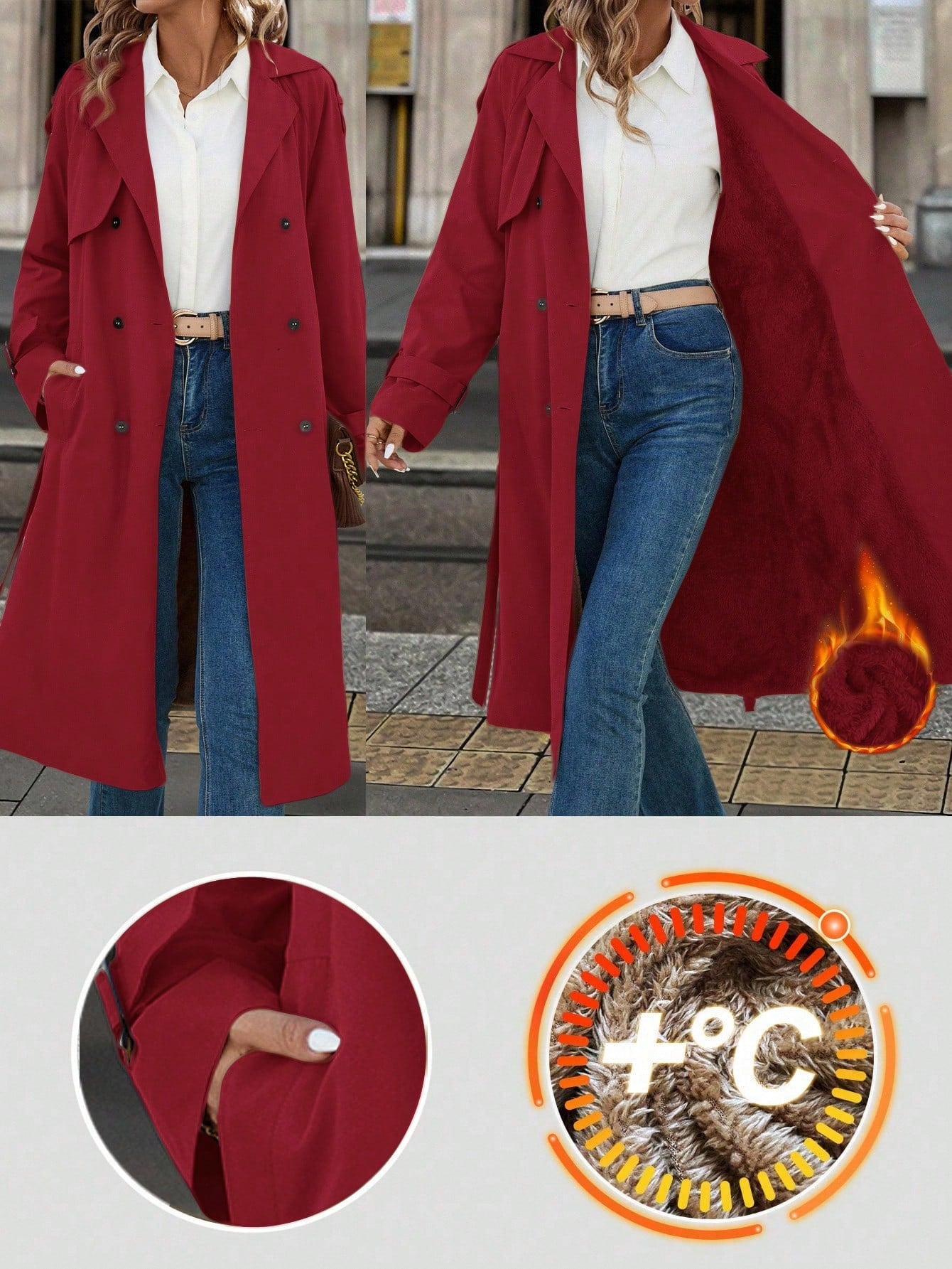 Solivie Manteau trench casual long doublé thermique à manches raglan et couleur unie pour femmes