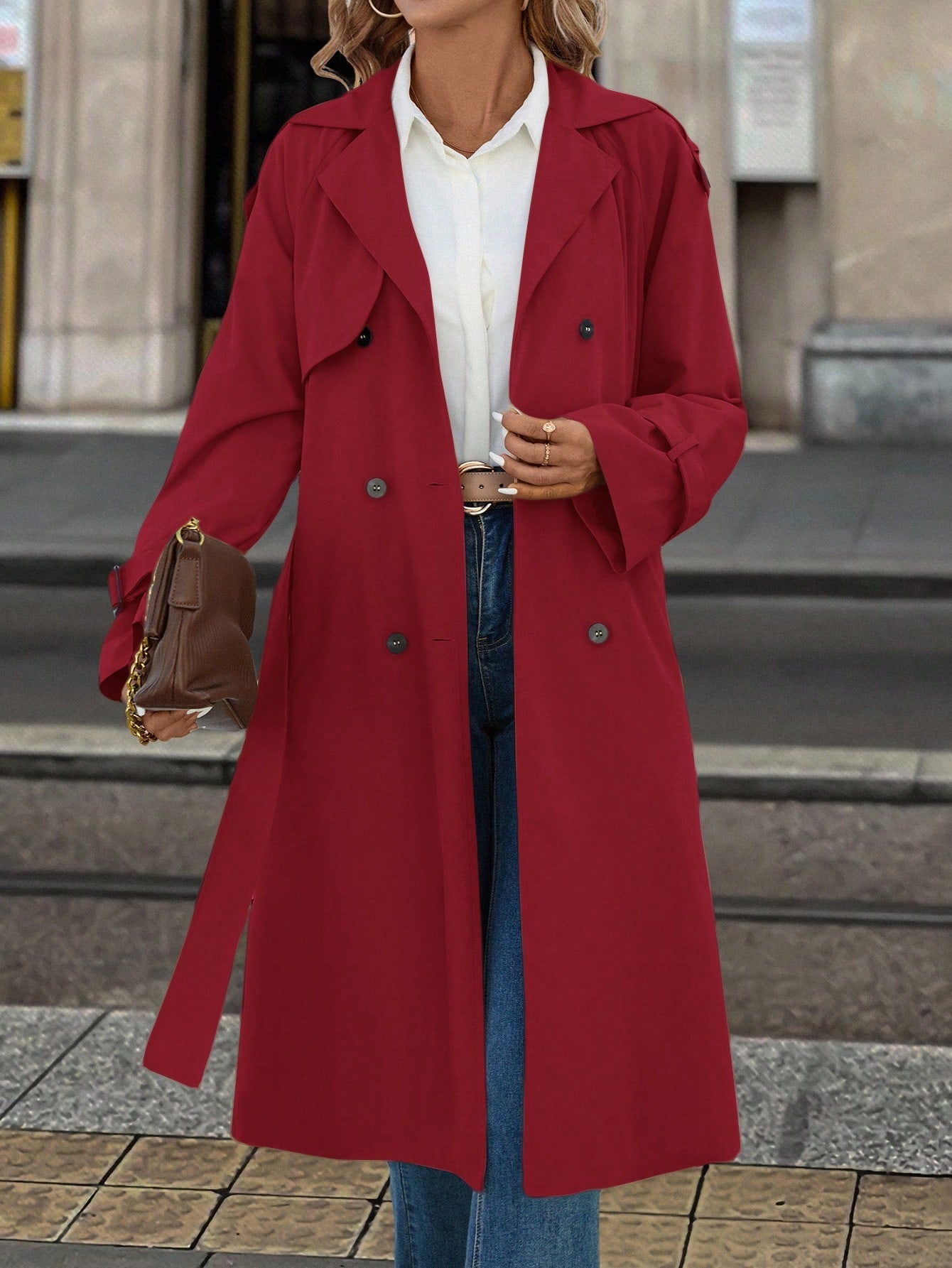 Solivie Manteau trench casual long doublé thermique à manches raglan et couleur unie pour femmes
