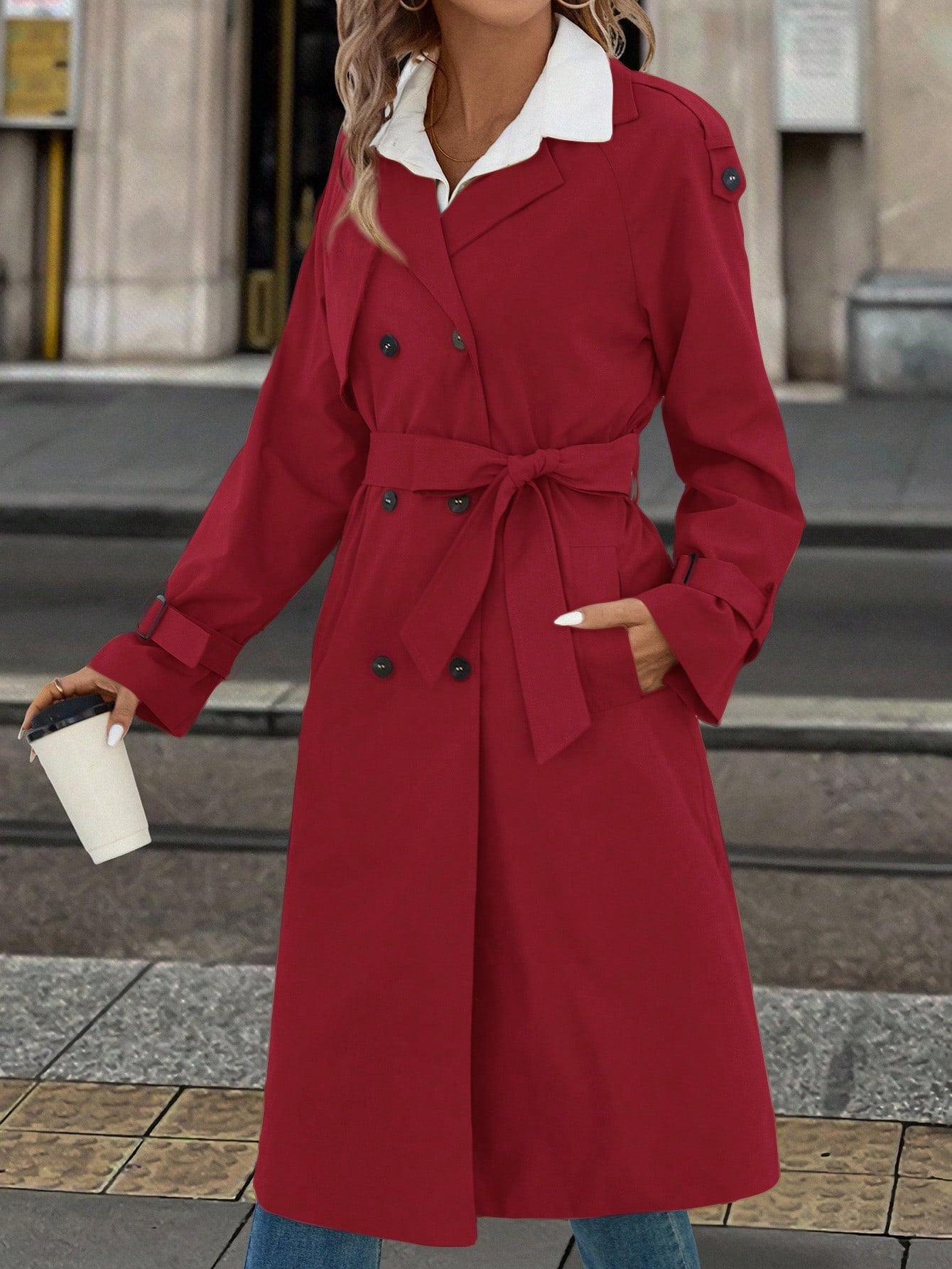 Solivie Manteau trench casual long doublé thermique à manches raglan et couleur unie pour femmes